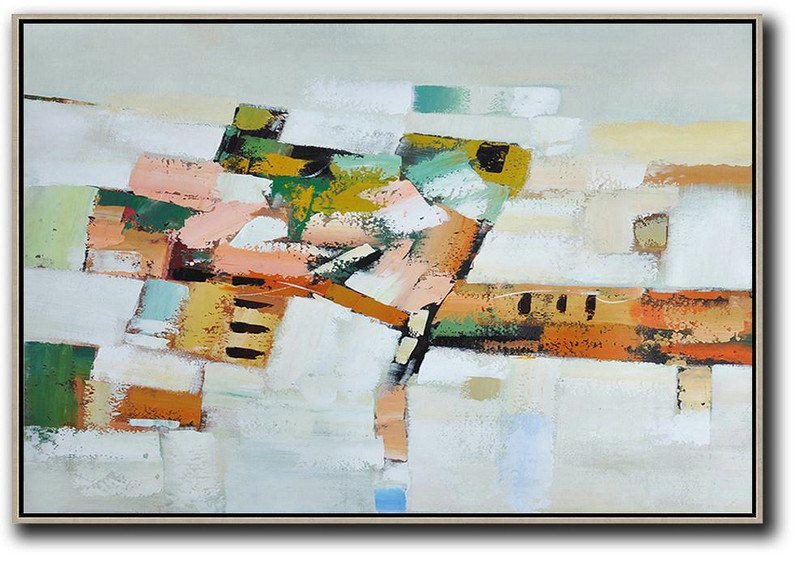 Large Abstract Painting Canvas Art,Oversized Horizontal Contemporary Art,Handmade Acrylic Painting,Grey,White,Pink,Orange,Yellow.etc